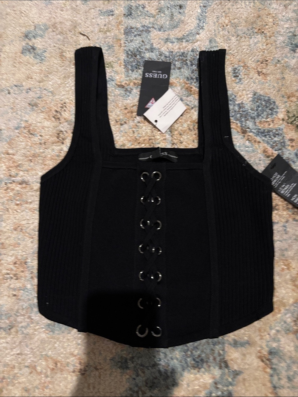 Guess Black Ribbed Lace-Up Crop Top